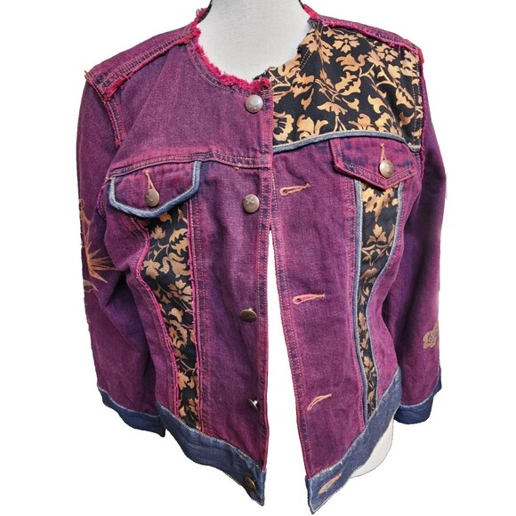 EXPRESS Denim Jacket Embellished Size Large Brocade Panels Beaded Boho - Picture 2 of 9